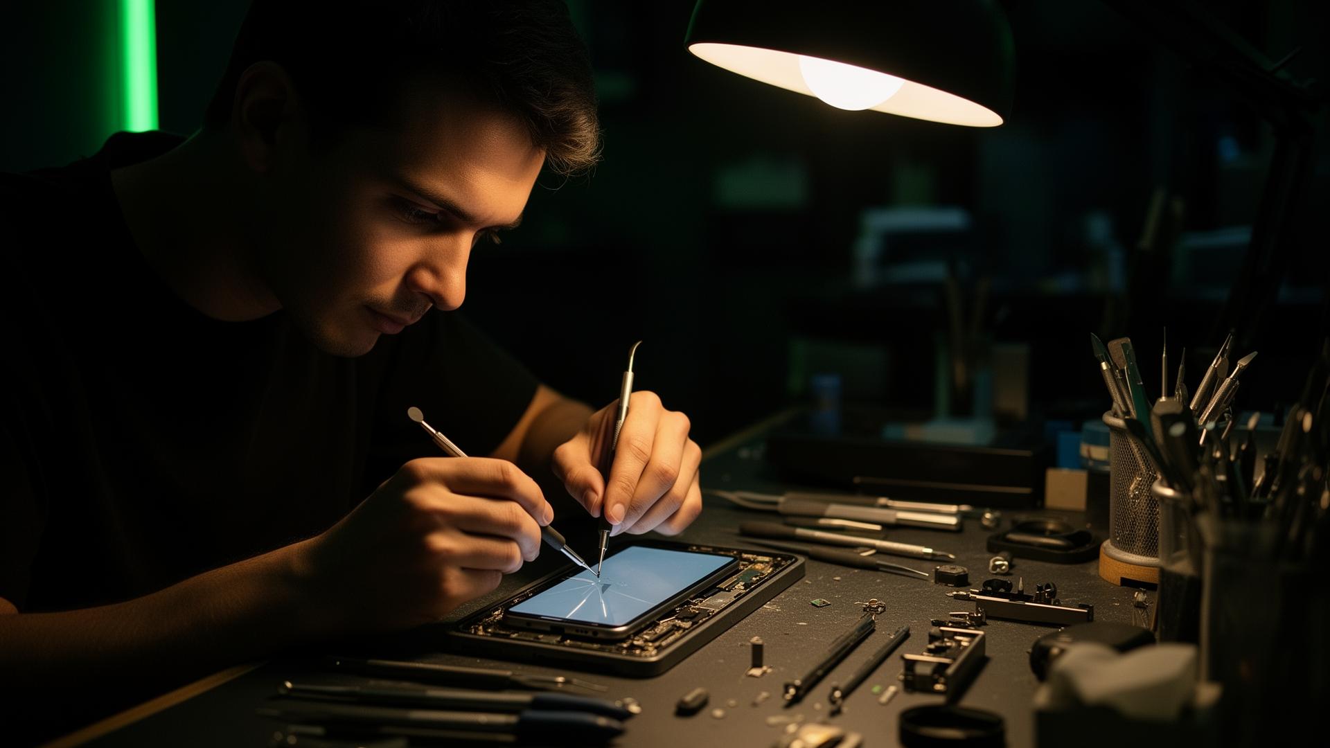 Phone repair technician working at bench